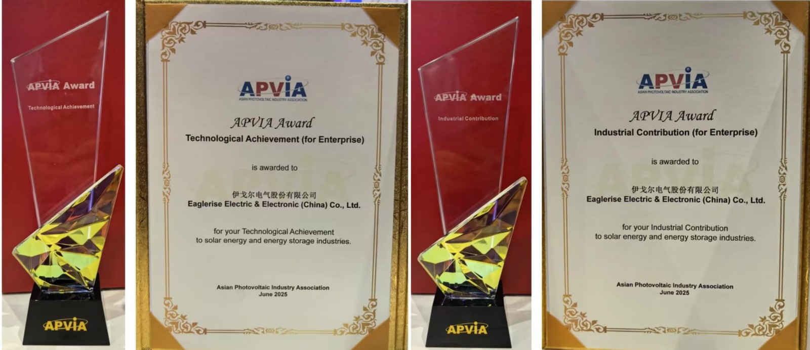 Eaglerise a remporté deux prix de l’Association asiatique de l’industrie photovoltaïque (APVIA). Eaglerise a remporté deux prix de l’Association asiatique de l’industrie photovoltaïque (APVIA).